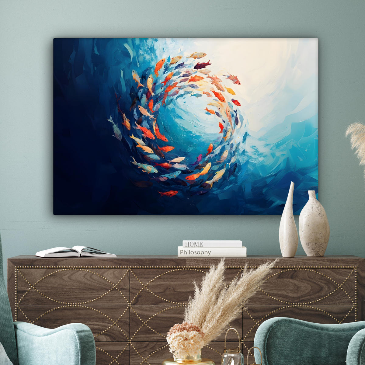LEINWANDBILD Meer - Fische - Bunt - Dynamisch XXL 150x100 cm - Hellblau, Textil (150/100cm) - MuchoWow