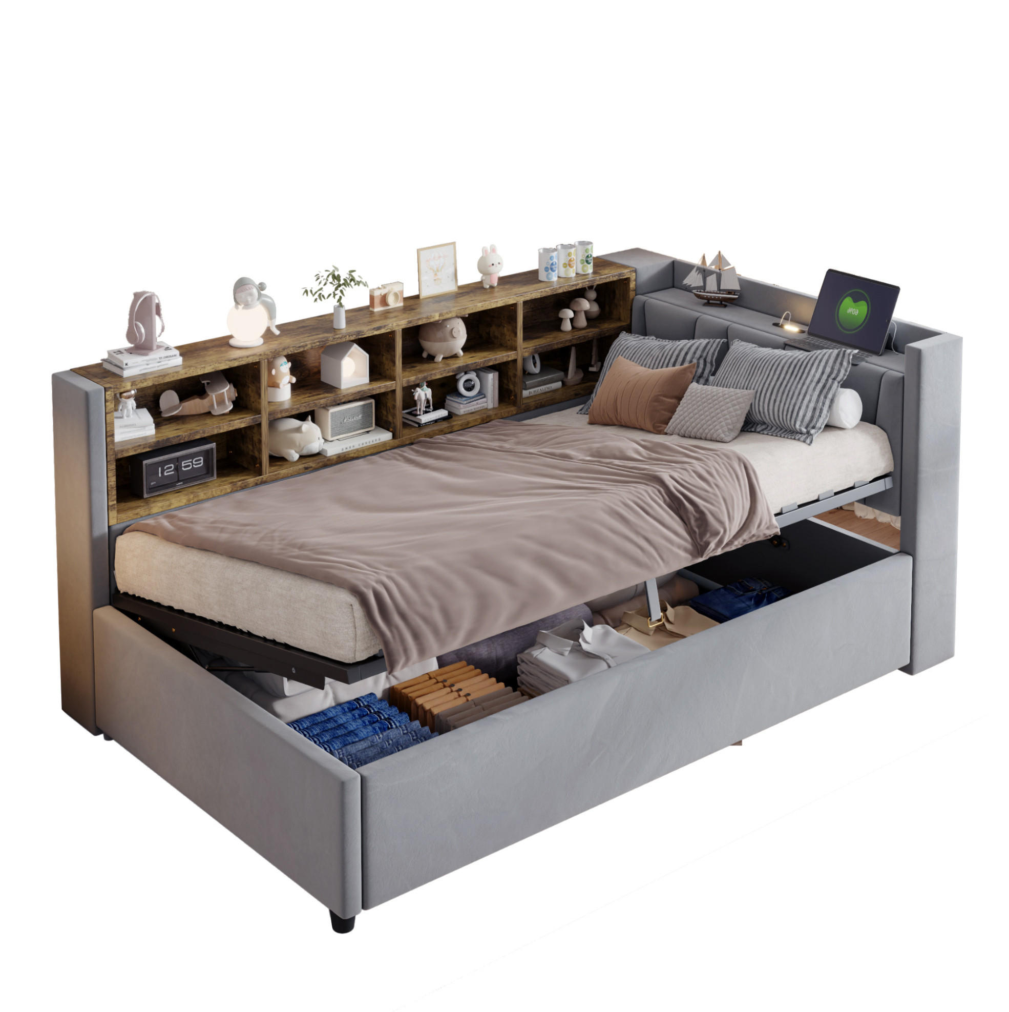 POLSTERBETT 90/200 cm Hellgrau aus Samt mit Stauraum - Hellgrau, Textil (90/200cm) - OKMYHOME