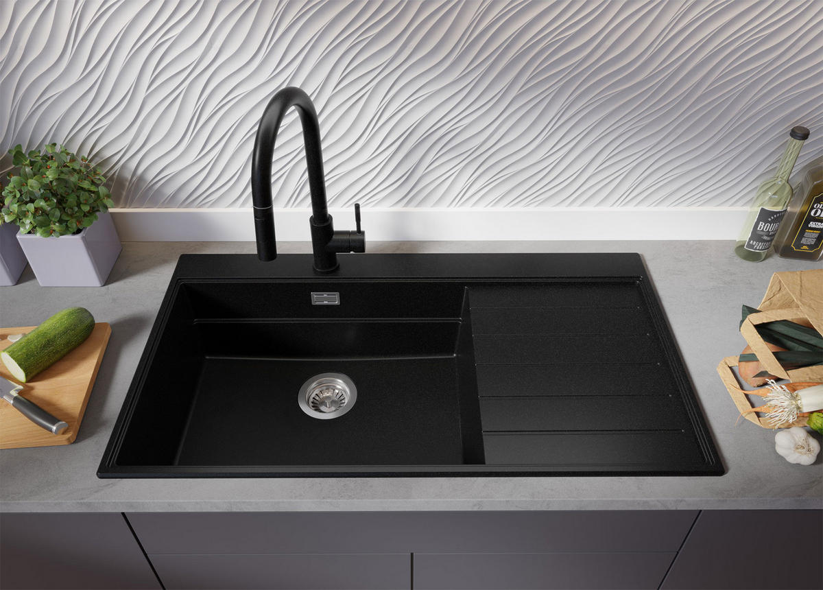 SPÜLBECKEN Sydney, 2-er set Alles Schwarz 90/50 cm 1 Becken + Ablauf-Set + Küchenzubehörset ab 60er Unterschrank - Schwarz, Kunststoff (90/20/50cm) - Primagran