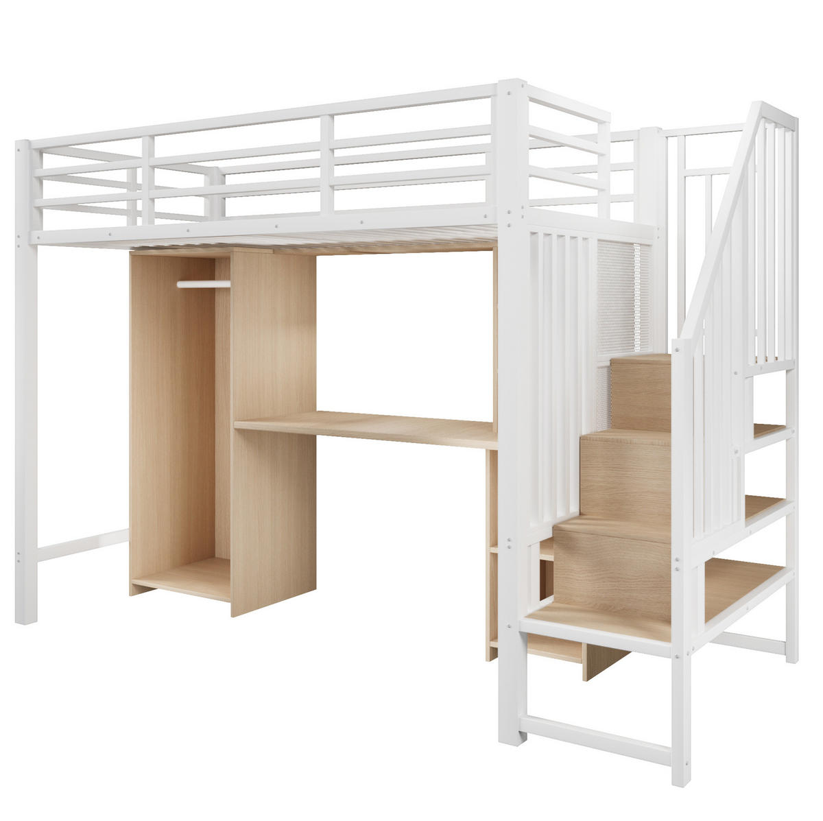 HOCHBETT 90/200 cm mit Kleiderschrank, Schreibtisch und Stauraum aus Metall und MDF, Weiß - Weiß, Metall (90/200cm) - Redom