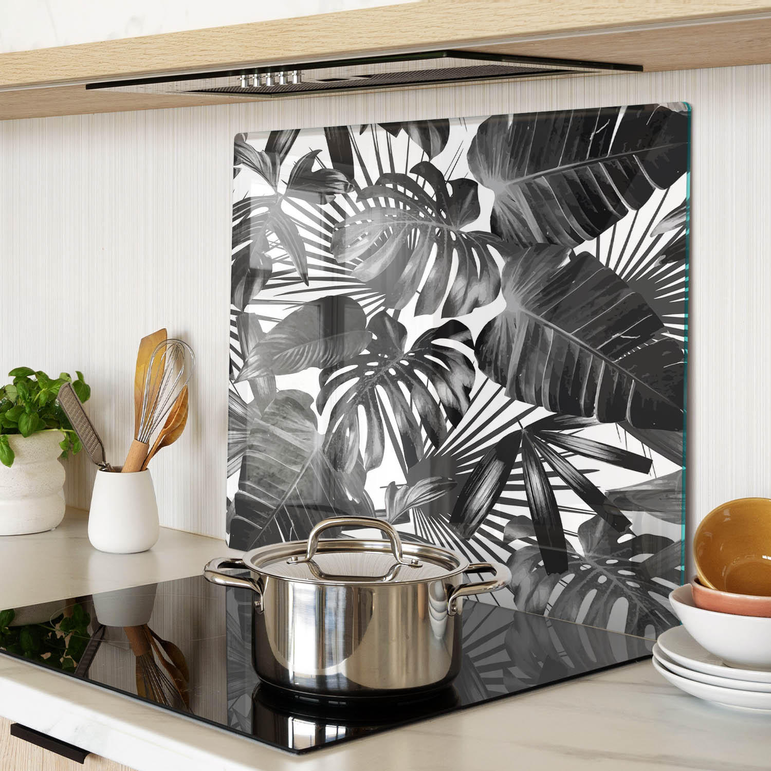 GLASPLATTE 60x52 cm Tropische Blätter - Schwarz, Glas (60/0.4/52cm) - TULUP