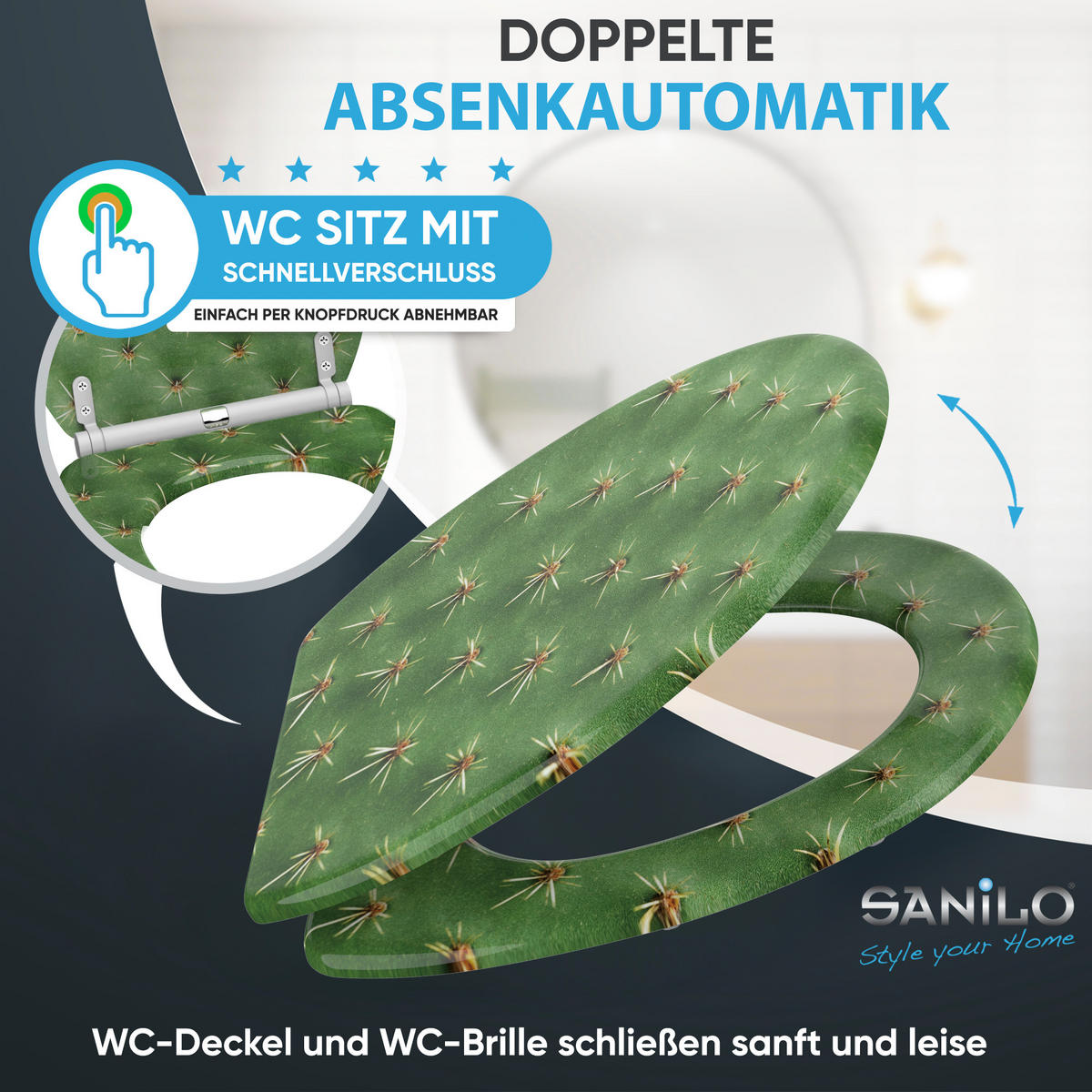WC-SITZ mit Absenkautomatik & Top Fix Kaktus - Grün, Holzwerkstoff (37.7/5.5/48cm) - Sanilo