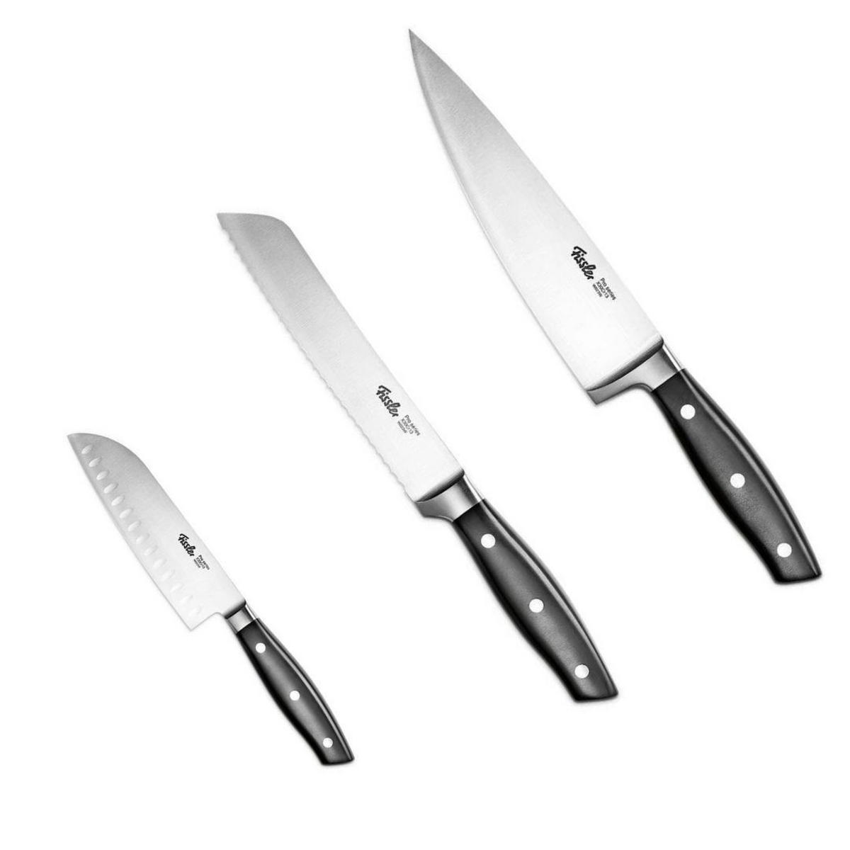 MESSERSET 3-tlg -Profi- Küchenmesser Set mit Santokumesser 130mm & 165mm, Brotmesser 180 mm, Edelstahl, Kullenschliff, Kochmesser - Silberfarben/Schwarz, Kunststoff/Metall - Fissler