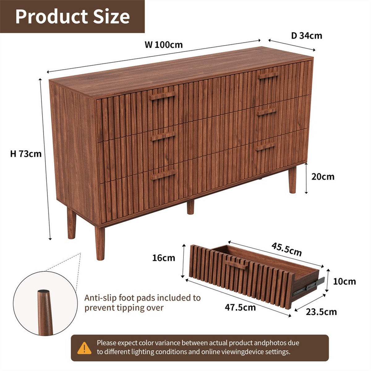 KOMMODE mit 6 Schubladen - gerillte Fronten und konische Beine - für Wohnzimmer und Schlafzimmer - Walnuss-Optik - Walnussfarben, Holzwerkstoff (100/73/34cm) - DELFA