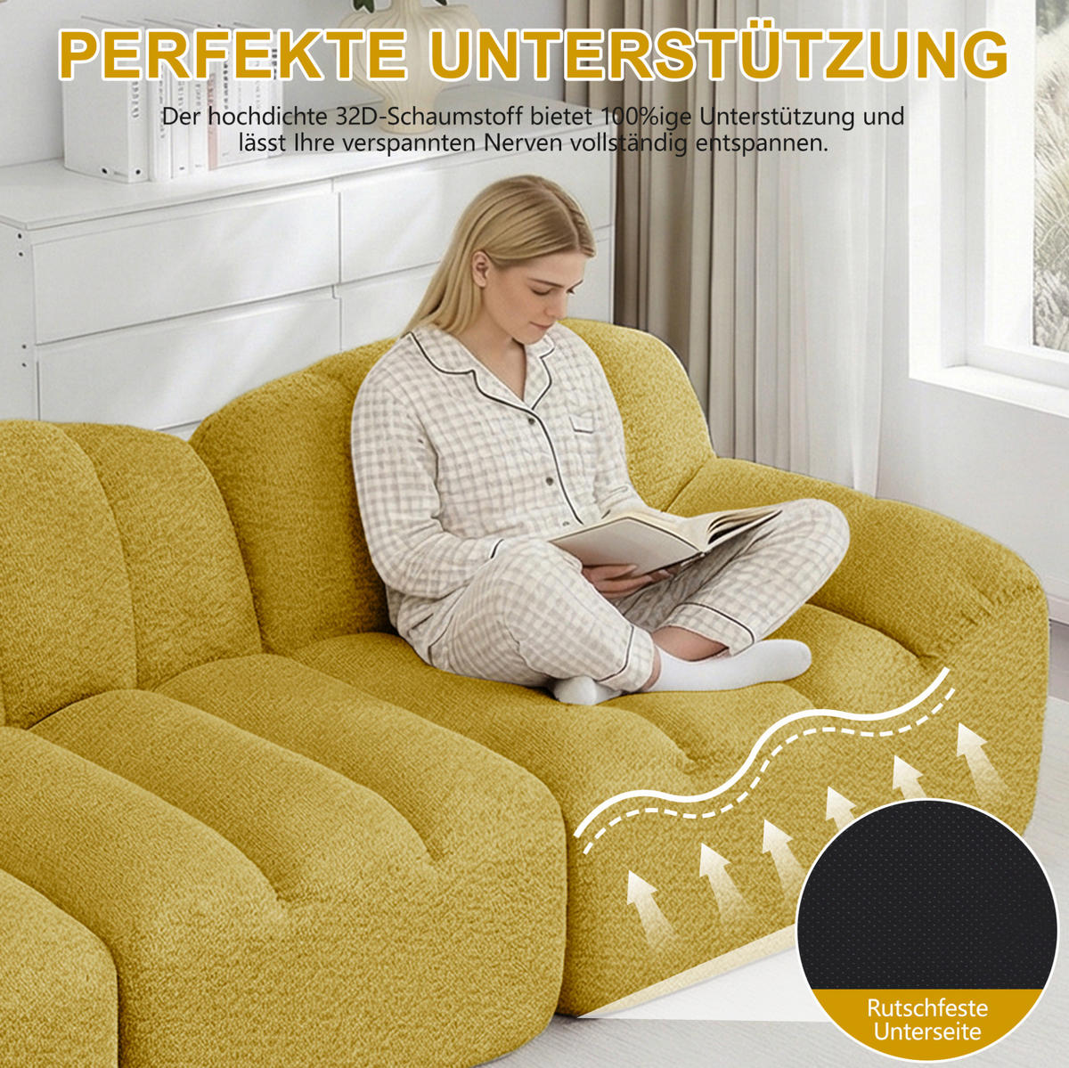 ECKSOFA 366/165/79 modular gelb aus granuliertem Fleece mit Ottoman - Gelb, Textil (165/366cm) - OKWISH