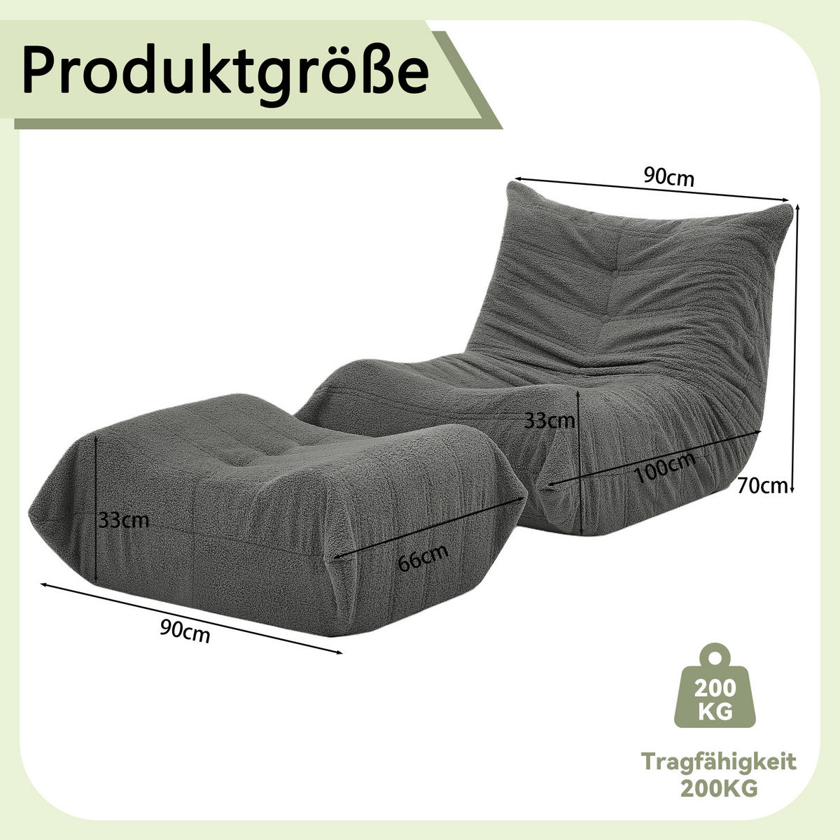 LAZY SOFA Teddyfell Optik mit Hocker weich & ergonomisch - Grau, Textil (100/70/90cm) - Urban Meuble
