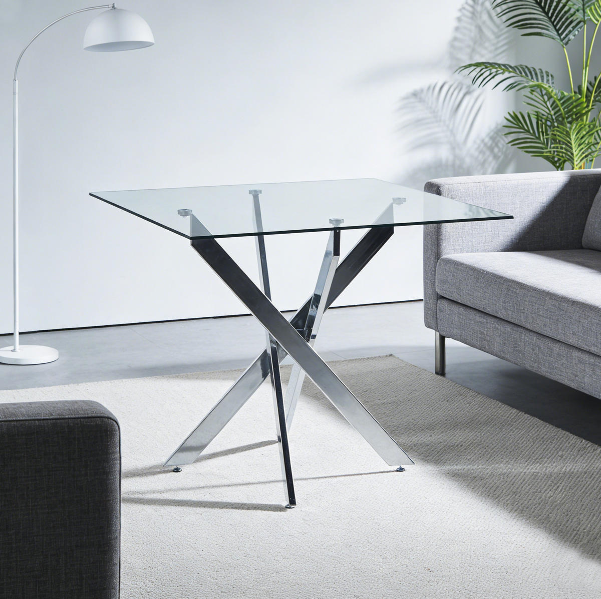 ESSTISCH 80/80/75 cm silber aus Glas mit Metallkreuzgestell - Silberfarben, Metall (80/80/75cm) - OKWISH