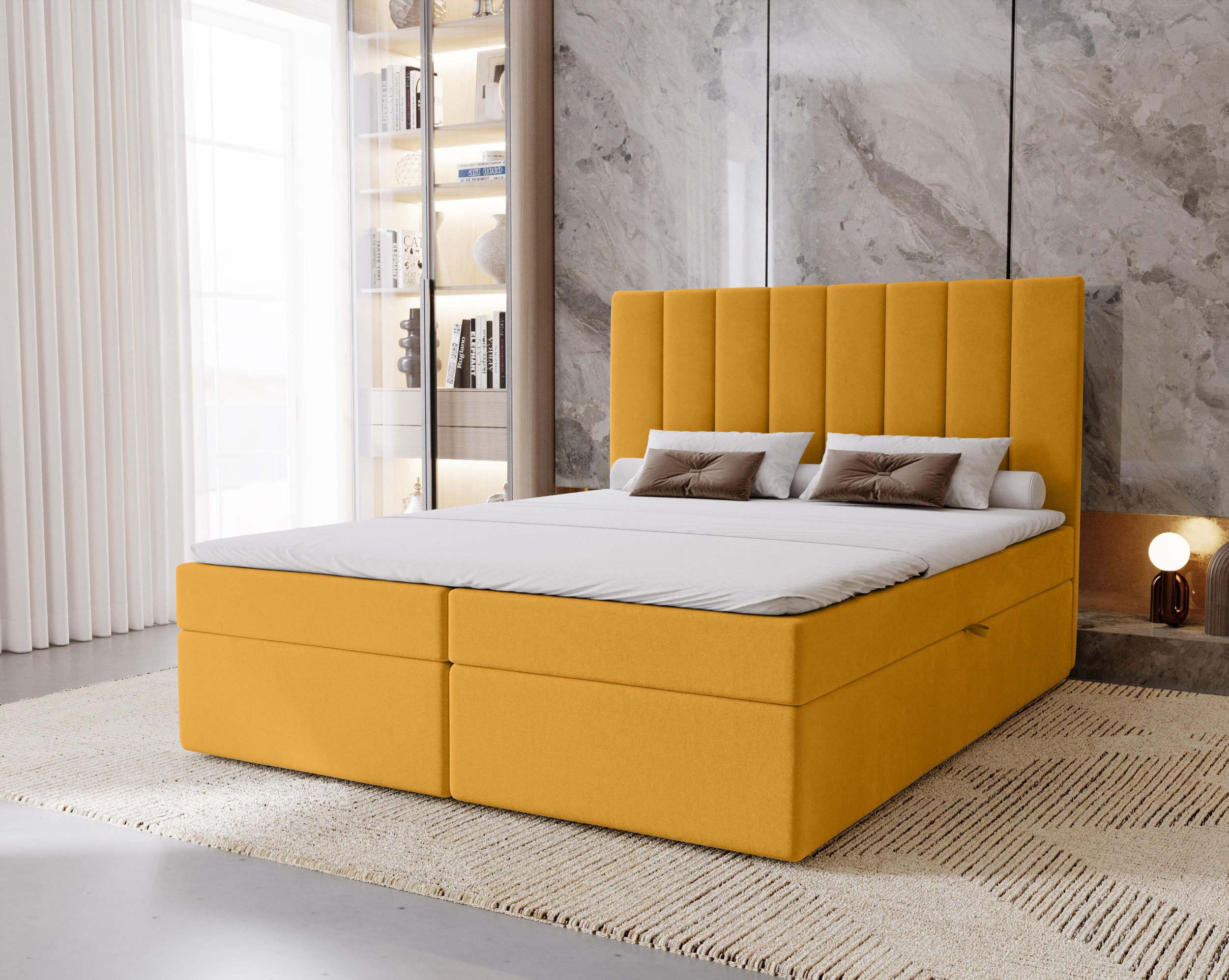 BOXBETT Nero mit 2 Bettkästen, 120x200, Gelb, Velourstoff, Doppelbett mit Bonell-Matratze - Gelb, Holz/Kunststoff (120/200cm) - Marpur