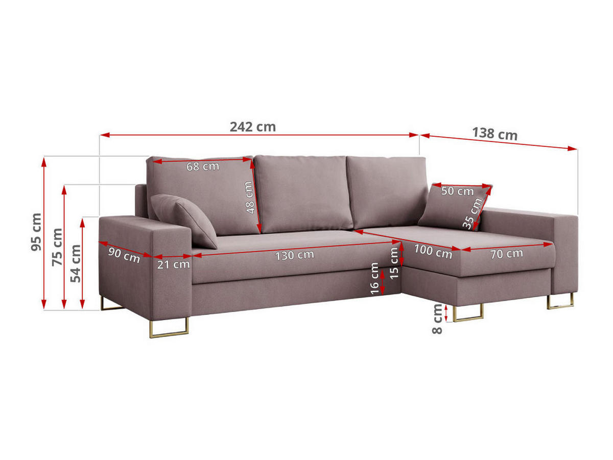 ECKSOFA Dorian Velvet Rosa - Goldfarben/Rosa, Textil/Metall (242/138cm) - MKS