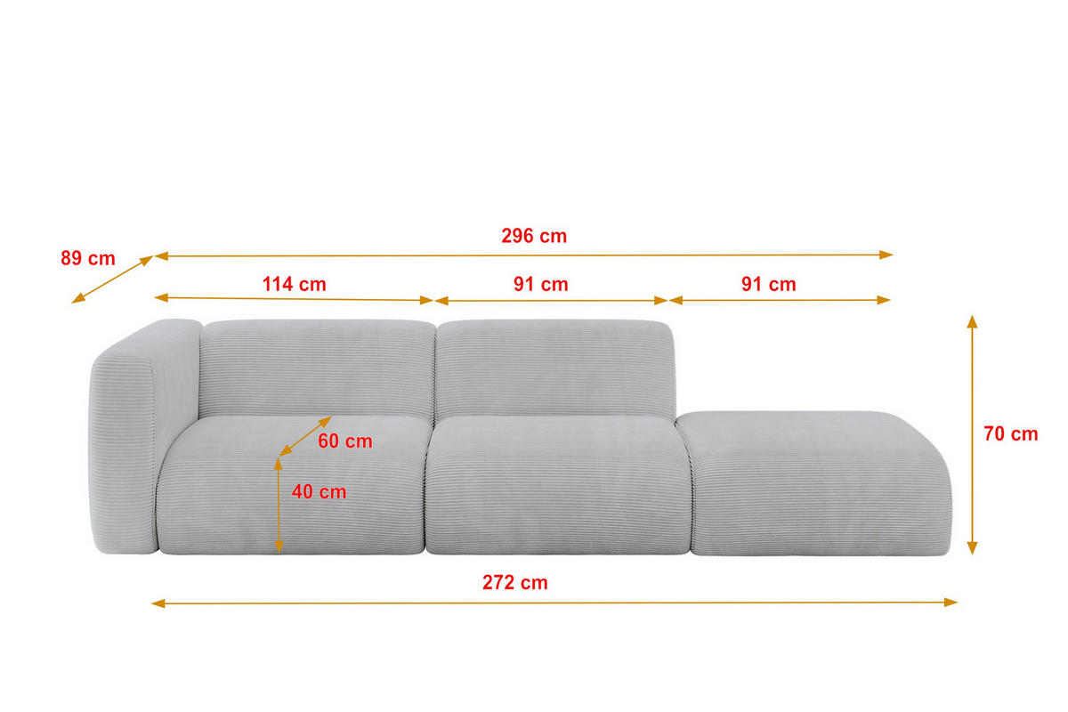 SOFA Ottomane Links MIRA-S3 296x89x70 Grau Cord - Blaugrau/Schwarz, Holzwerkstoff/Kunststoff (296/70/89cm) - ALTDECOR