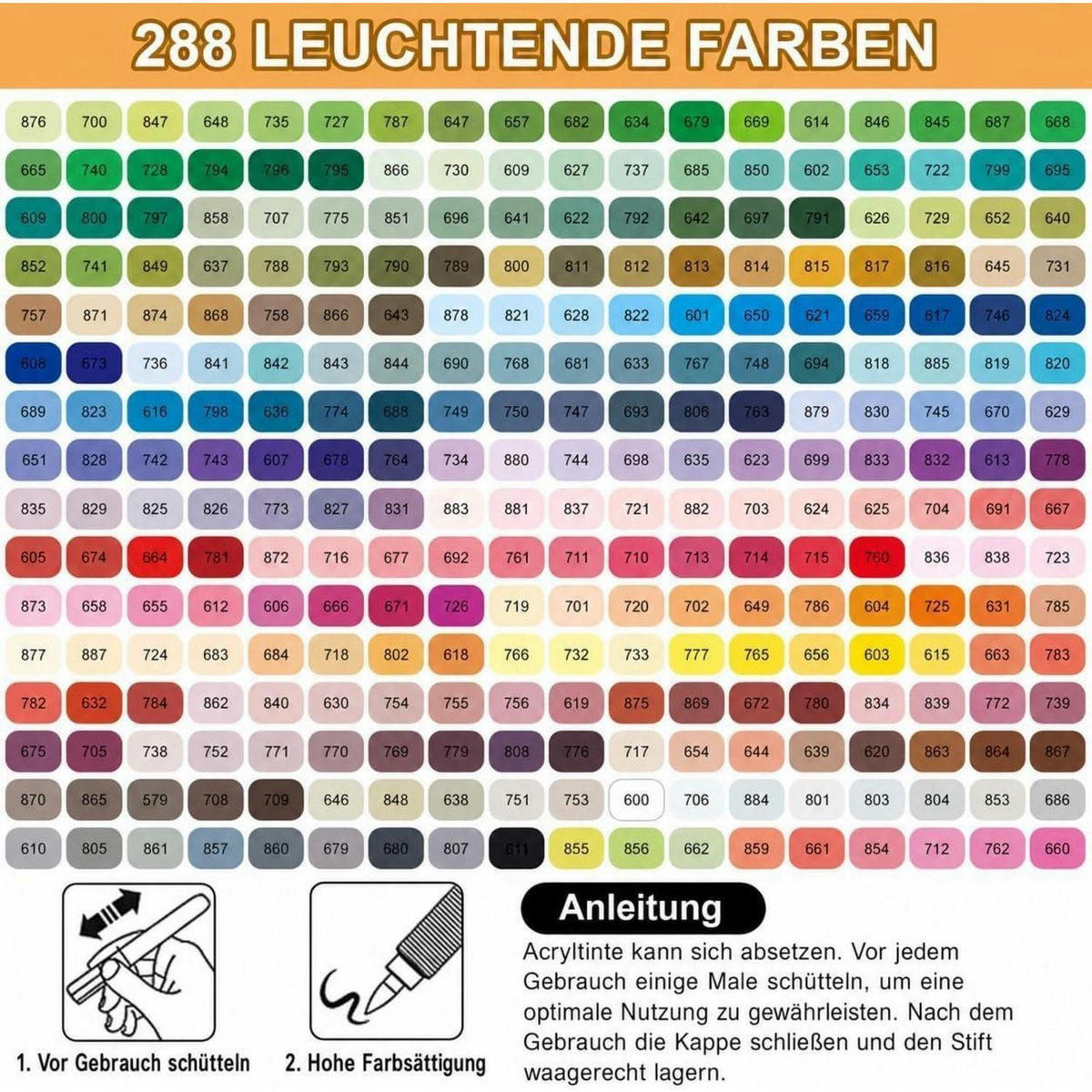 ACRYLSTIFTE Set 288 Farben Pinselspitze 1-6 mm Wasserfest - Multicolor, Kunststoff (17/11/27cm)
