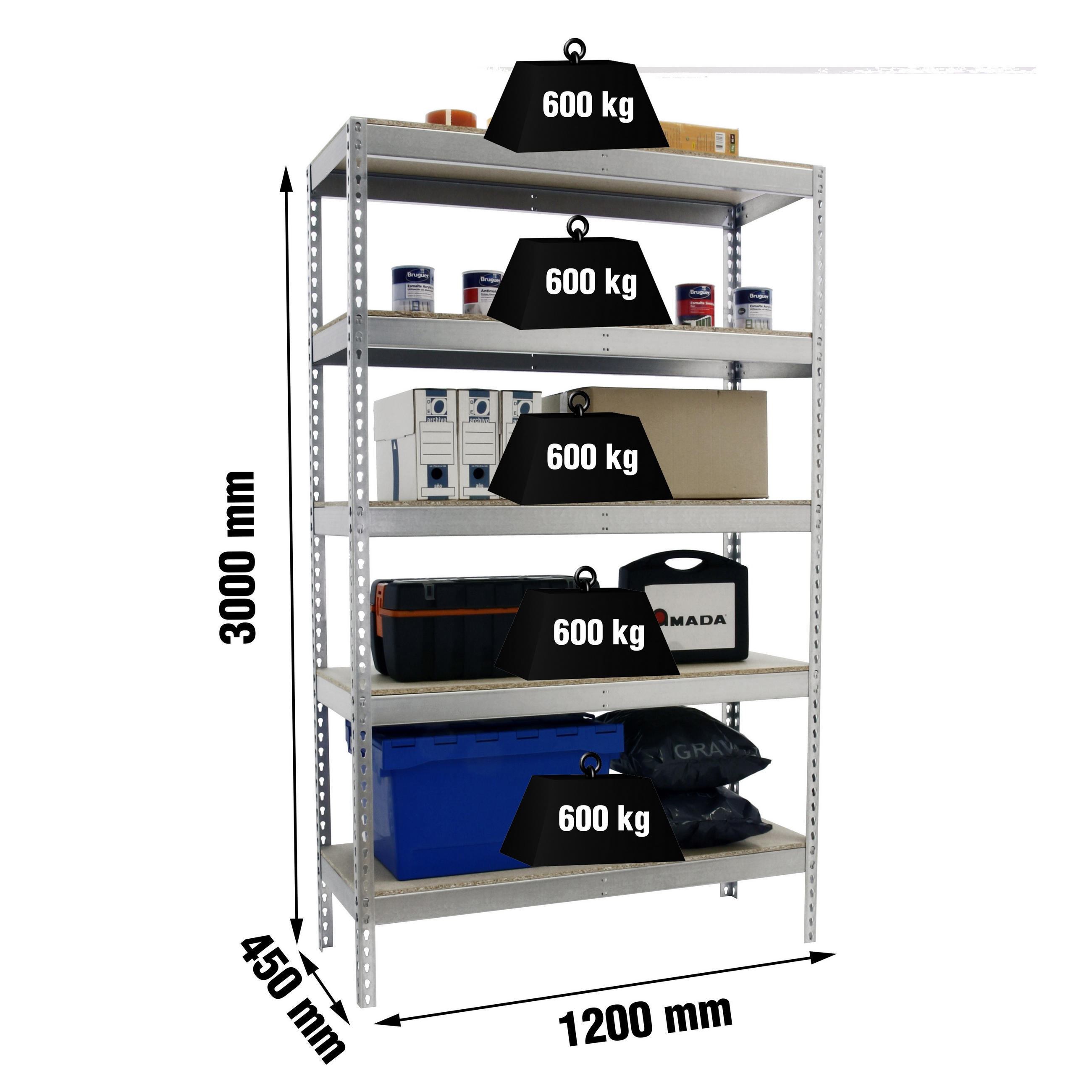 SCHWERLASTREGAL Wood Beast Five HxBxT 300 x 120 x 45 cm 5 Ebenen Fachlast 600 kg Verzinkt - Silberfarben, Metall (120/300/45cm) - PROREGAL