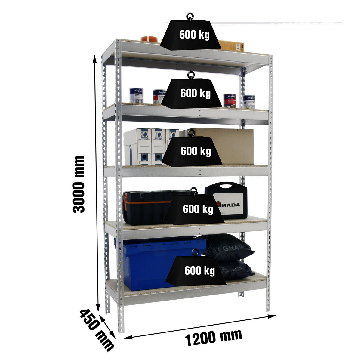 SCHWERLASTREGAL Wood Beast Five HxBxT 300 x 120 x 45 cm 5 Ebenen Fachlast 600 kg Verzinkt - Silberfarben, Metall (120/300/45cm) - PROREGAL