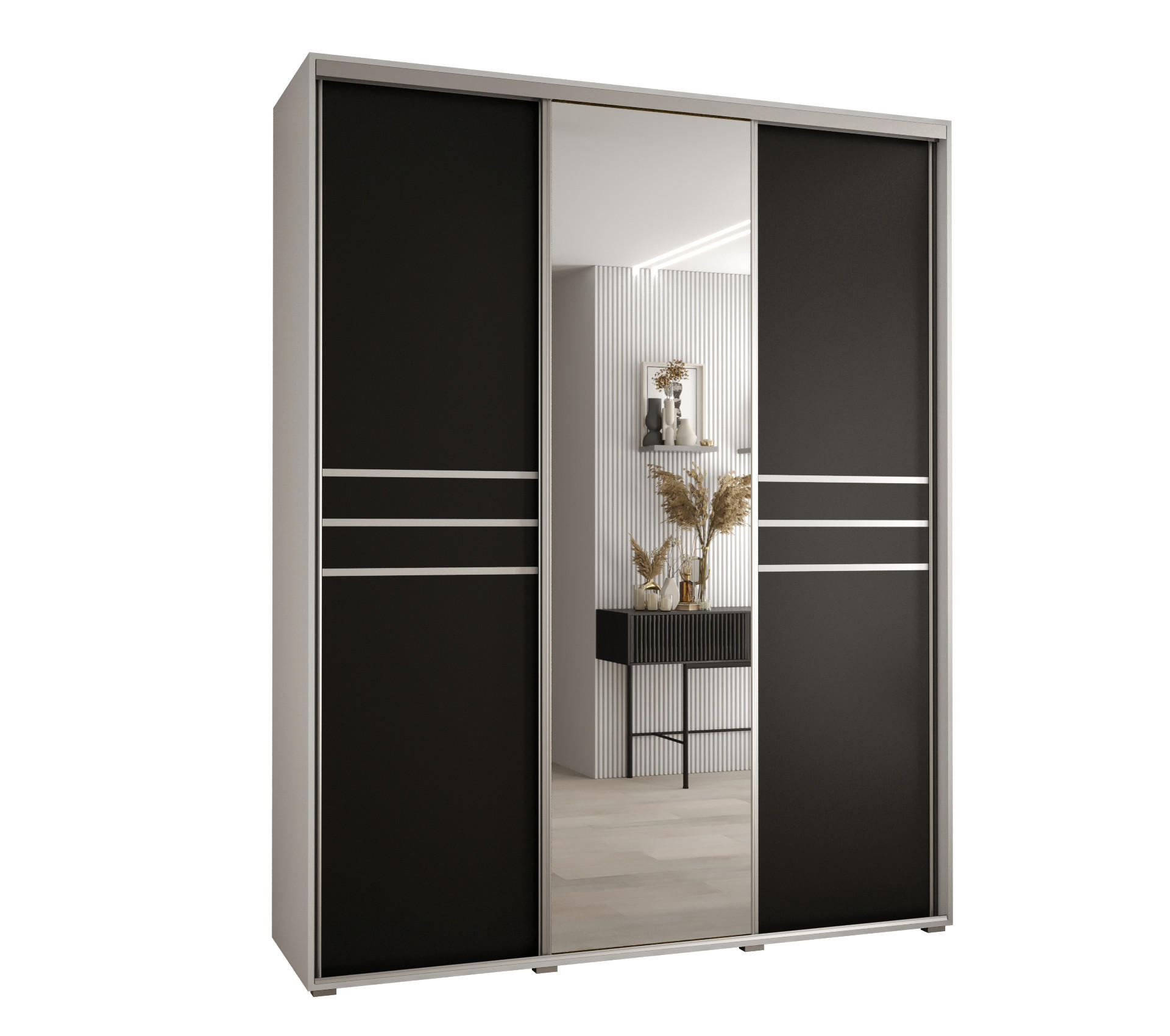 Abiks Möbel Schwebetürenschrank Weiß, Schwarz, Silber 200x235x45 cm