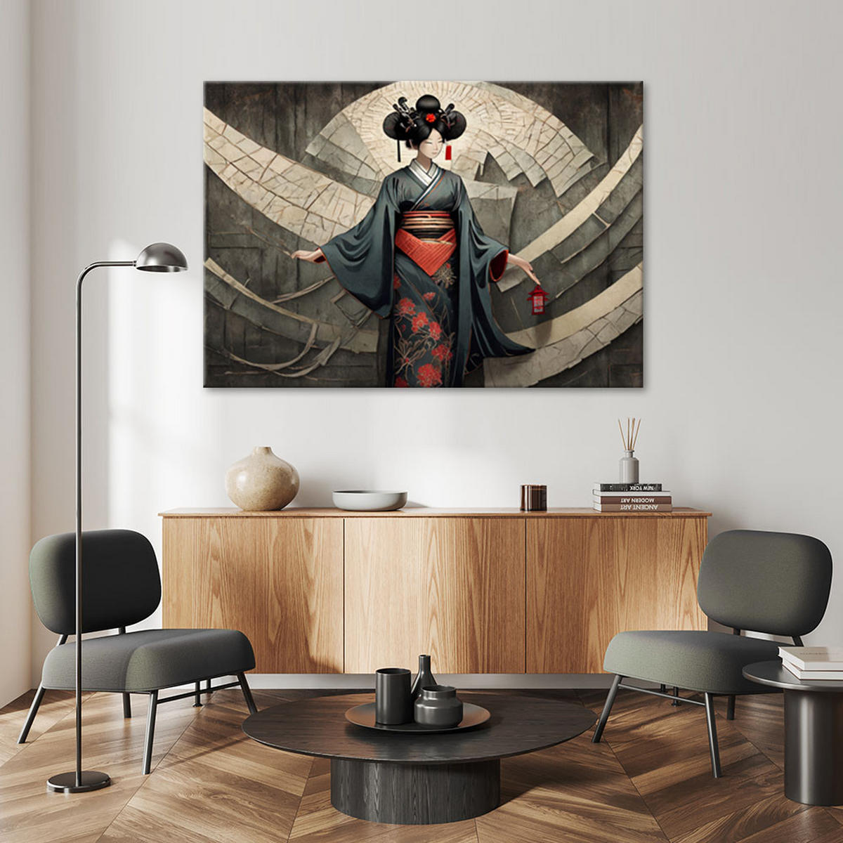 LEINWANDBILD Geisha 100x70cm - Grau, Textil (100/70cm) - Feeby