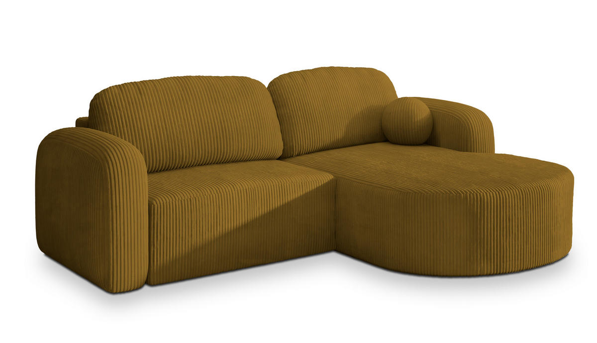 ECKSOFA AMILIA P R-S Gelb Kordstoff mit Schlaffunktion - Gelb, Holz (263/174cm) - MASSENO
