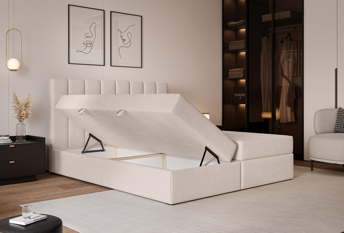 BOXBETT LEO 180/200 cm mit Matratze und Topper, Creme - Creme/Schwarz, Holzwerkstoff/Kunststoff (180/200cm) - Idohome