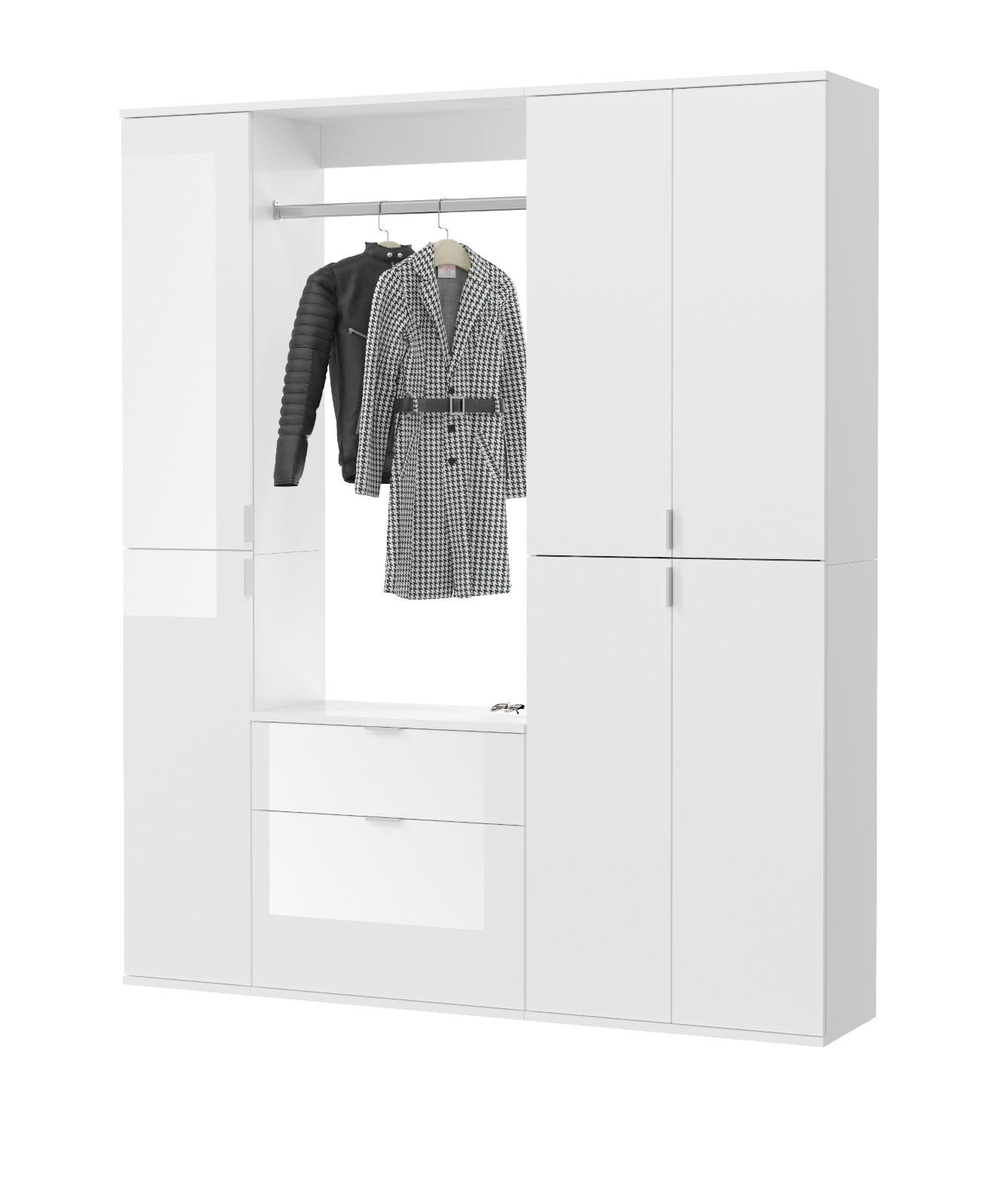 GARDEROBENSCHRANK weiß Hochglanz 152 cm, bis 18 Fächer, Flurgarderobe - Chromfarben/Weiß Hochglanz, Holzwerkstoff/Metall (152/193/34cm) - Inn.Furn