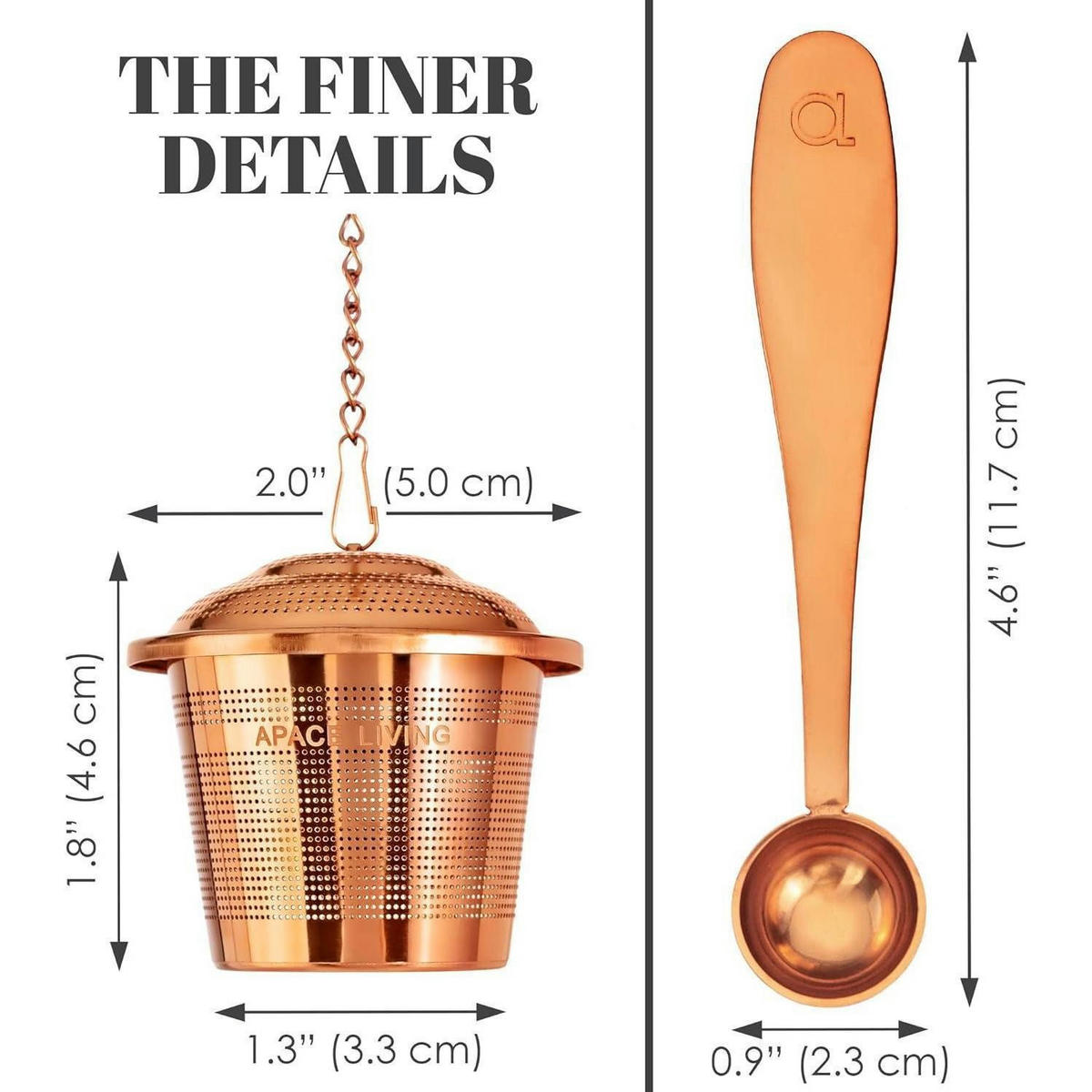 TEESIEB 2er Set mit Teeschaufel und Abtropfschale Edelstahl Rose Gold - Bronzefarben, Metall (5/6/11cm)