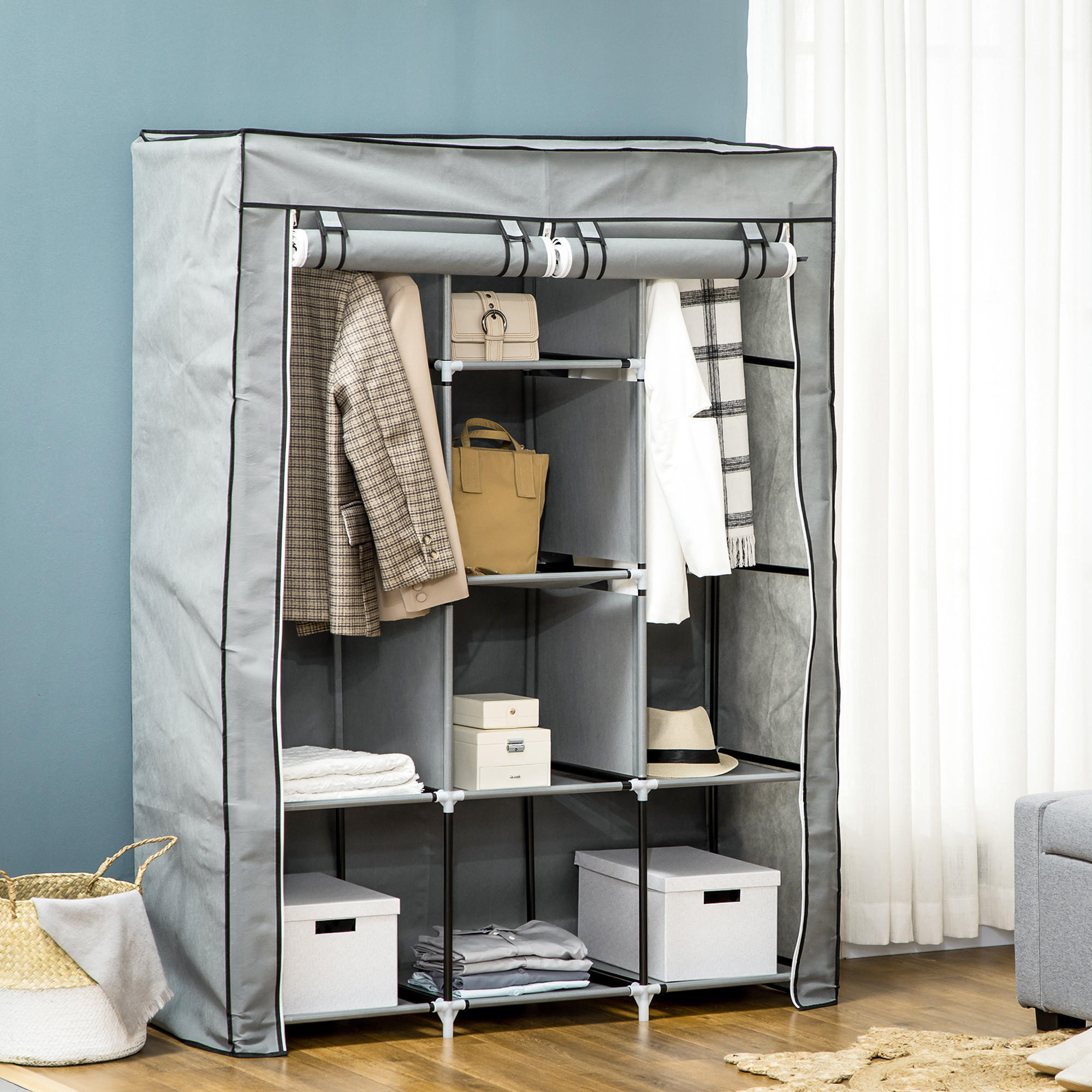 STOFFSCHRANK, Kleiderschrank, Hellgrau - Hellgrau, Metall (43/162.5/125cm) - HOMCOM