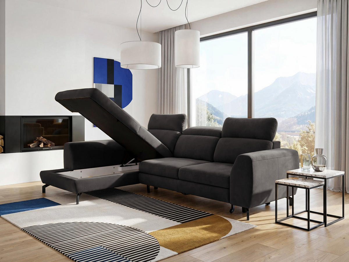 ECKSOFA ANTE Links, mit Schlaffunktion und Bettkasten, Dunkelgrau - Dunkelgrau, Textil/Metall (266/184cm) - Idohome