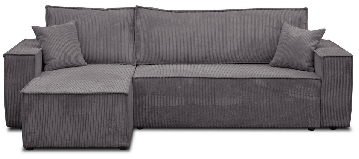 ECKSOFA Hugo L in L-Form mit Schlaffunktion und Bettkasten, Farbe: Dunkelgrau, Cordstoff, Ottomane Unsiversal - Dunkelgrau, Textil (244/145cm) - VENASI MÖBEL