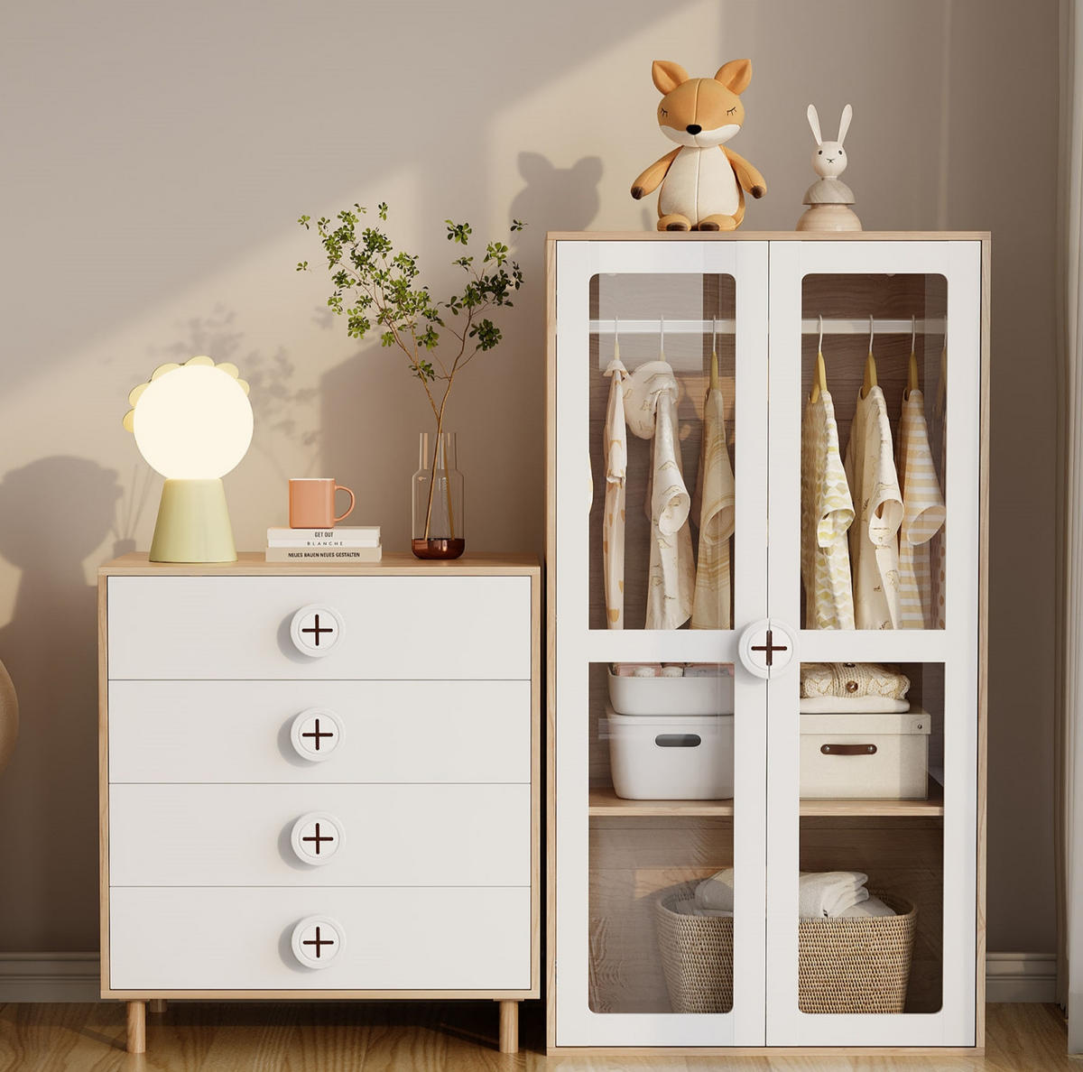 KLEIDERSCHRANK- und Kommoden-Set aus MDF 80x50x150 cm & 80x54x90 cm Natur/Weiß mit Acryl Türen und 4 Schubladen - Weiß, Holzwerkstoff (160/150/50cm) - Modfu