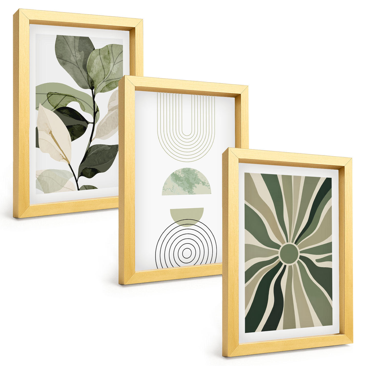 BILDER SET 3er Set - 20x30 cm Goldrahmen - Pflanzenmotive, Geometrie, Grün - Goldfarben, Kunststoff (20/30cm) - TULUP