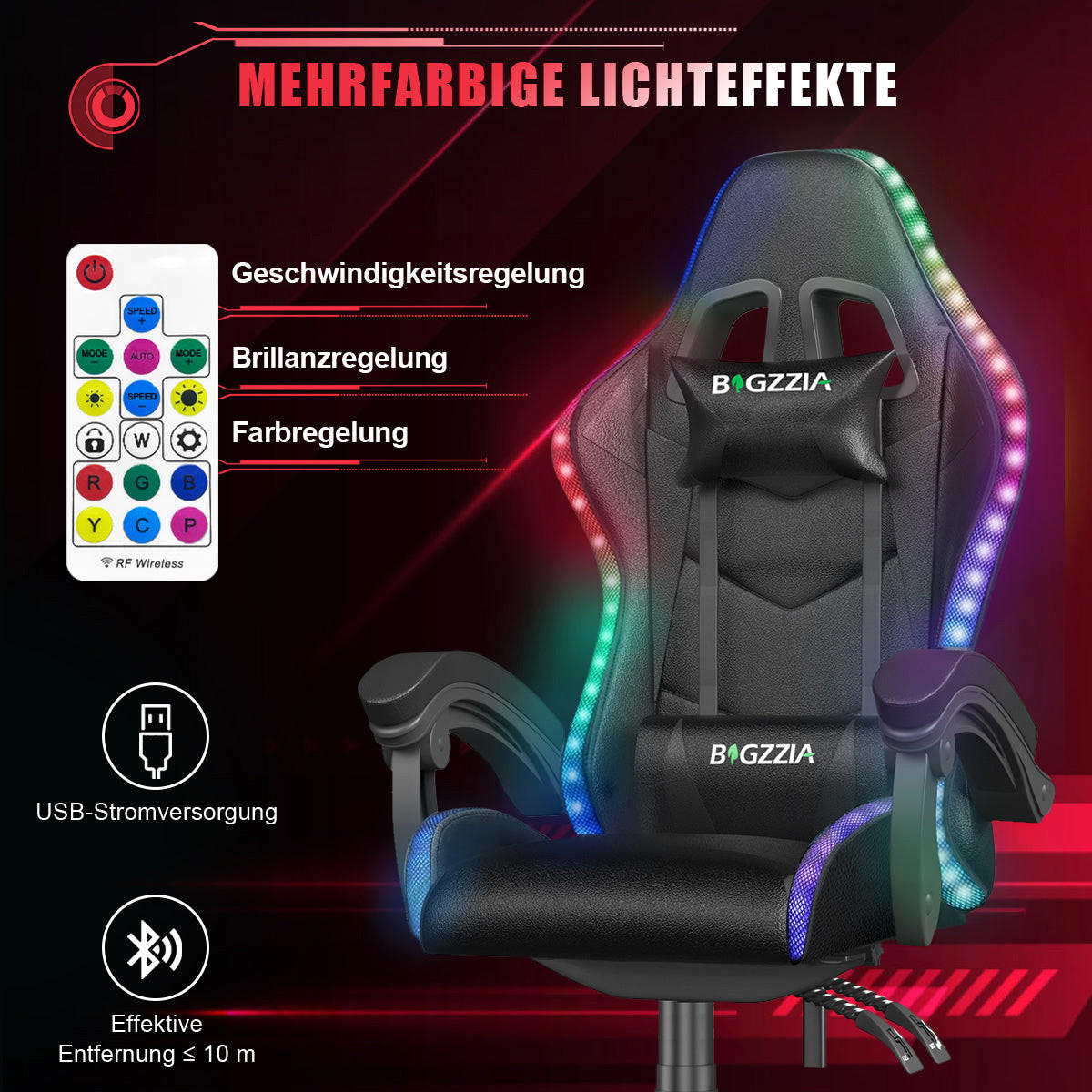 GAMING-STUHL LED, höhenverstellbar, Lenden- & Kopfstütze – Schwarz - Schwarz, Leder (53.5/117/54cm) - Rattantree