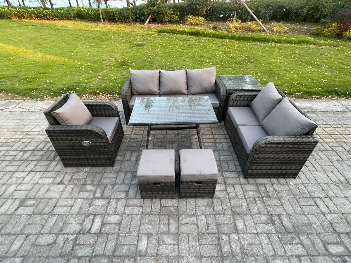 GARTENMÖBEL SET Polyrattan Dunkelgrau 8-Sitzer - Dunkelgrau/Grau, Glas/Kunststoff - Fimous