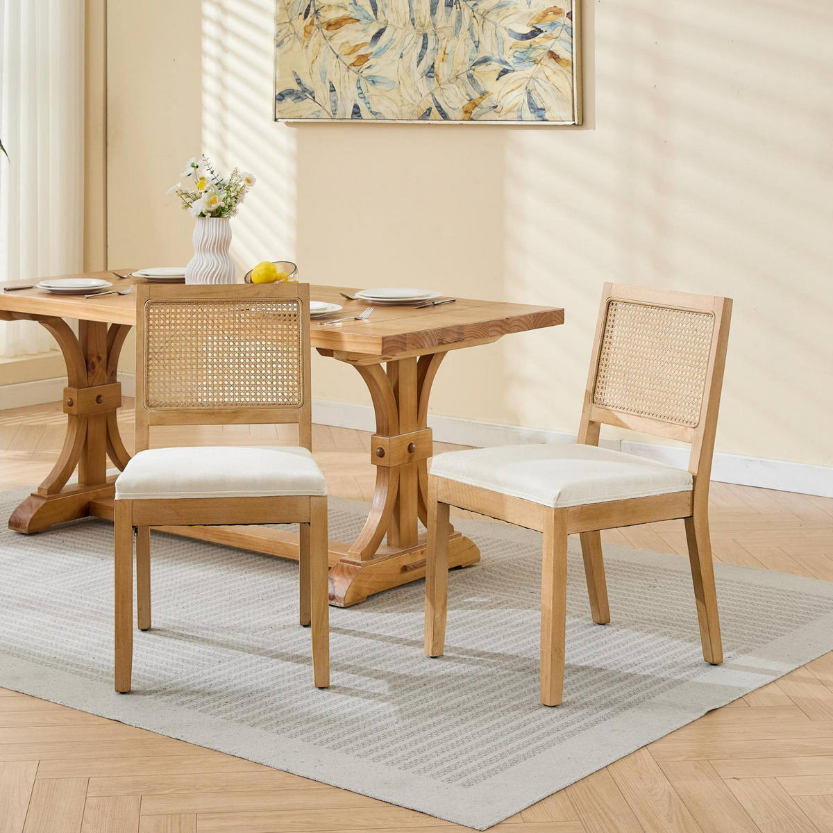 ESSZIMMERSTUHL mit Rattangeflecht Leinen Beige 2er-Set - Beige, Holz (48/86.5/56cm) - Meubliv