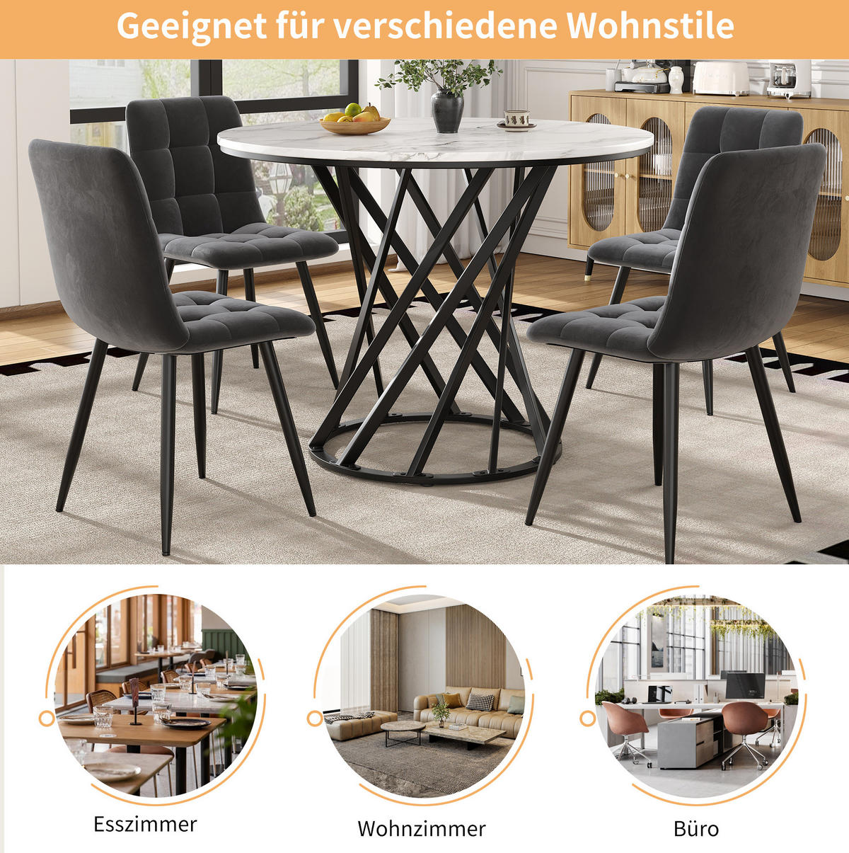ESSTISCH rund 80x80 cm MDF in Marmoroptik mit Metallbeinen - Schwarz, Metall (80/80/76cm) - Meubliv