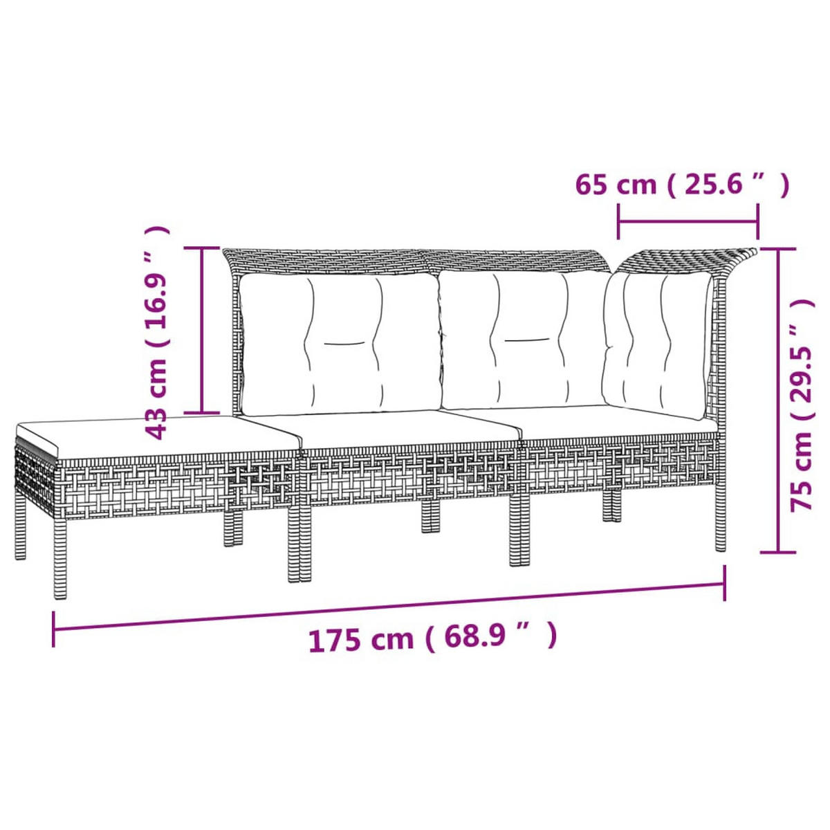 GARTEN-LOUNGE-SET 3-teilig Mit Kissen Grau Poly Rattan - Grau, Kunststoff - vidaXL