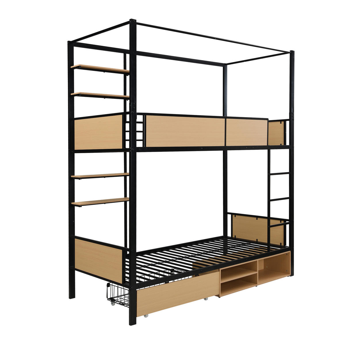 ETAGENBETT 90/200 cm aus Metall und MDF mit Stauraum & Ablagen - Schwarz, Holzwerkstoff (90/200cm) - Flora Grace