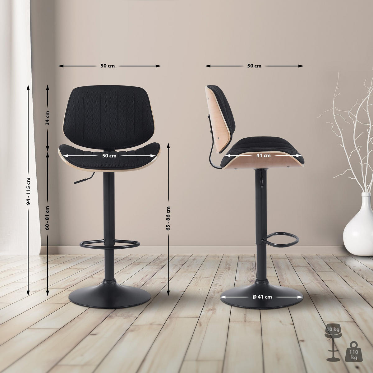 BARHOCKER 2er Set Stoff Natura/Schwarz - Eukalyptusholzfarben/Schwarz, Textil/Metall (50/94/50cm) - CLP