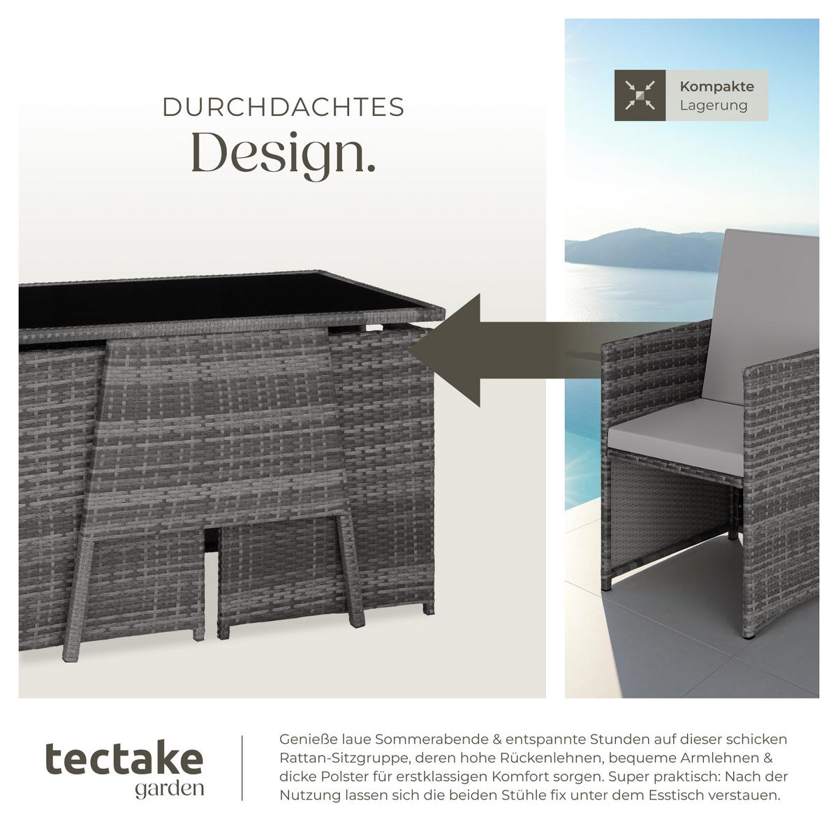 RATTAN SITZGRUPPE Lausanne,zusammenschiebbar,grau - Grau, Kunststoff - tectake