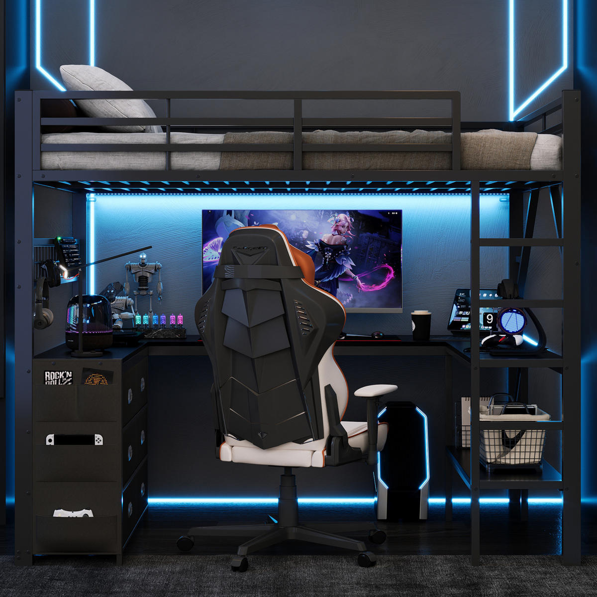 HOCHBETT 140x200 cm in Schwarz mit Schreibtisch, Schubladen und LED-Beleuchtung - Schwarz, Holzwerkstoff (140/200cm) - IVMEU