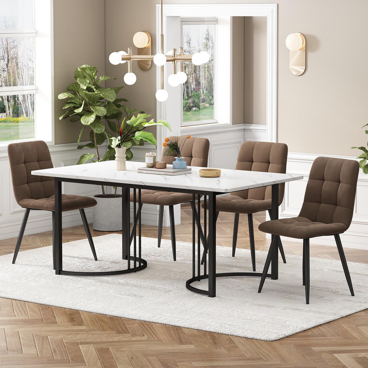 ESSGRUPPE Esstisch 4 Stühle MDF Weiß Braun 140x80cm - Braun, Holzwerkstoff (140/75/80cm) - FLIEKS