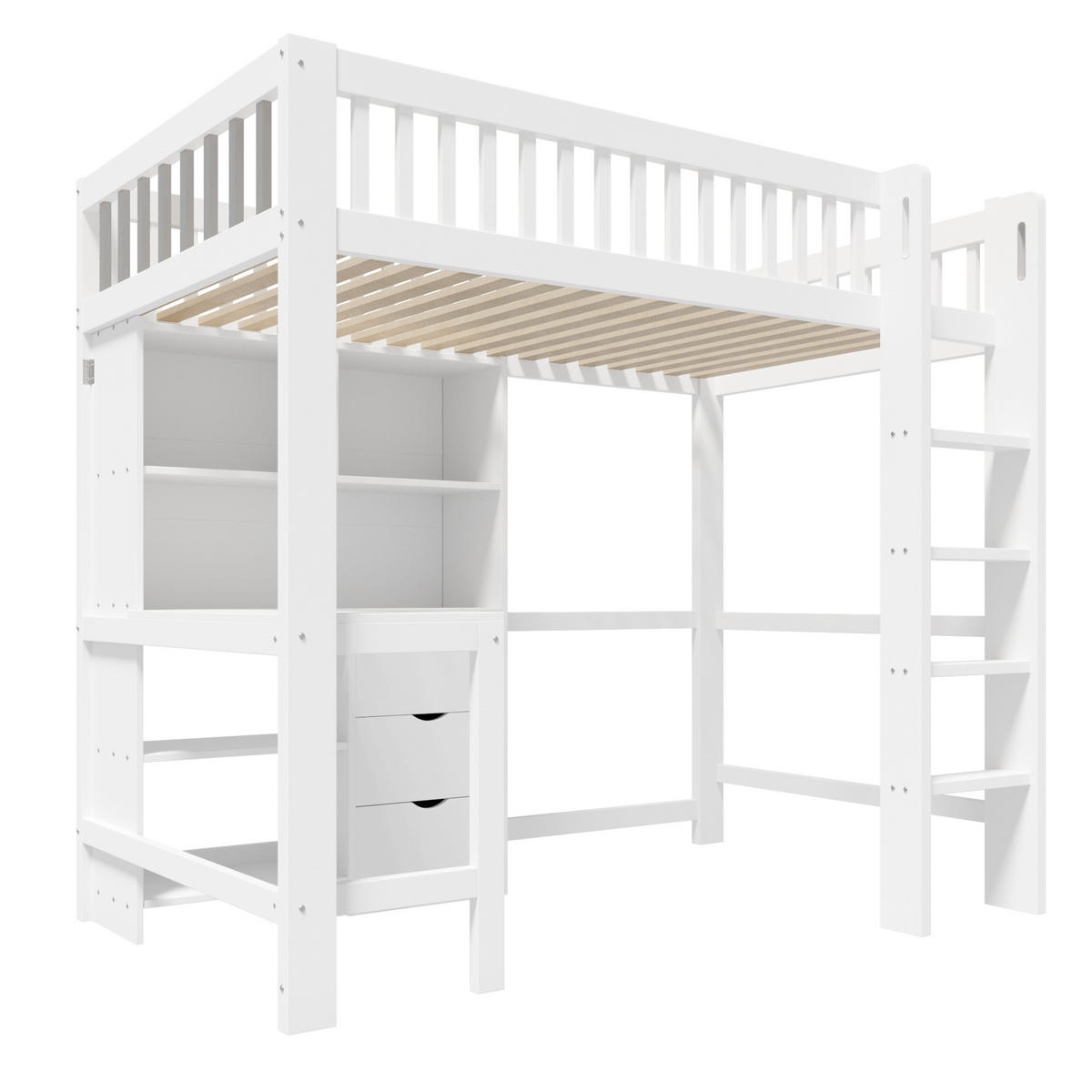 HOCHBETT 90/200 cm in Weiß mit Schreibtisch, 3 Schubladen und Ablagefächern - Weiß, Holz/Holzwerkstoff (90/200cm) - CHICFURN