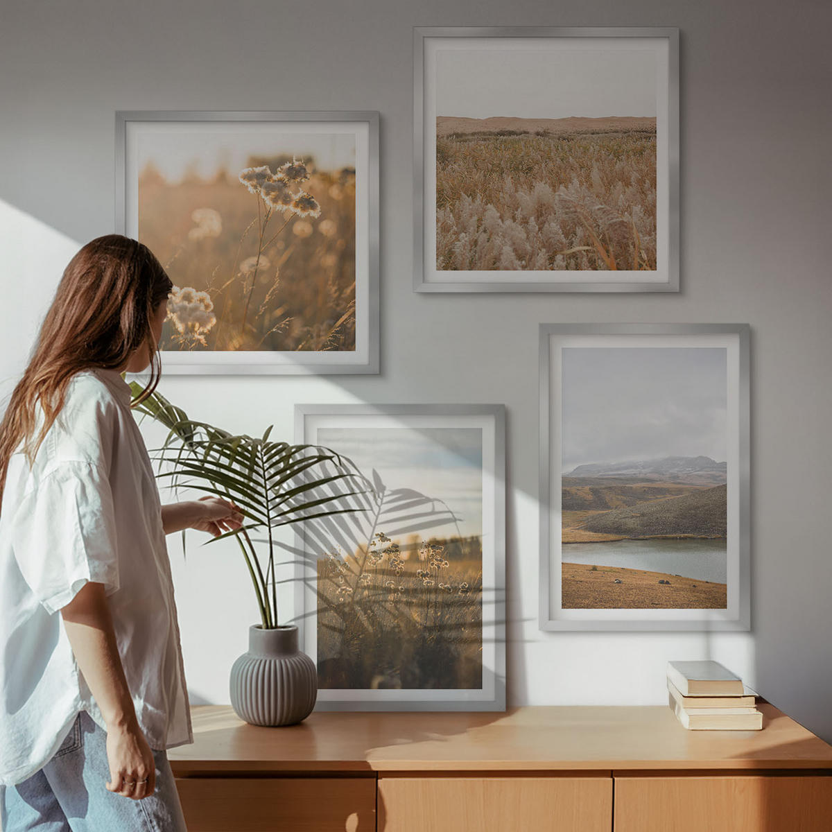 WANDBILDER 4er Set - 50x50 cm & 40x60 cm Silberner Rahmen - Landschaften Wiesen Berge See - Silberfarben, Kunststoff (50/50cm) - ArtPrintCave