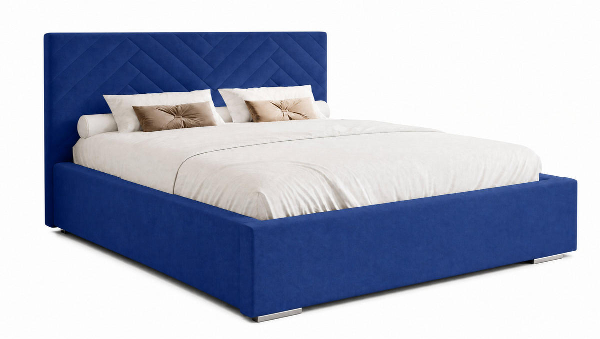 MARPUR Polsterbett AURA 140x200 cm mit Bettkasten und Lattenrost, Veloursstoff Dunkelblau - Chromfarben/Dunkelblau, Holz/Holzwerkstoff (140/200cm) - Marpur