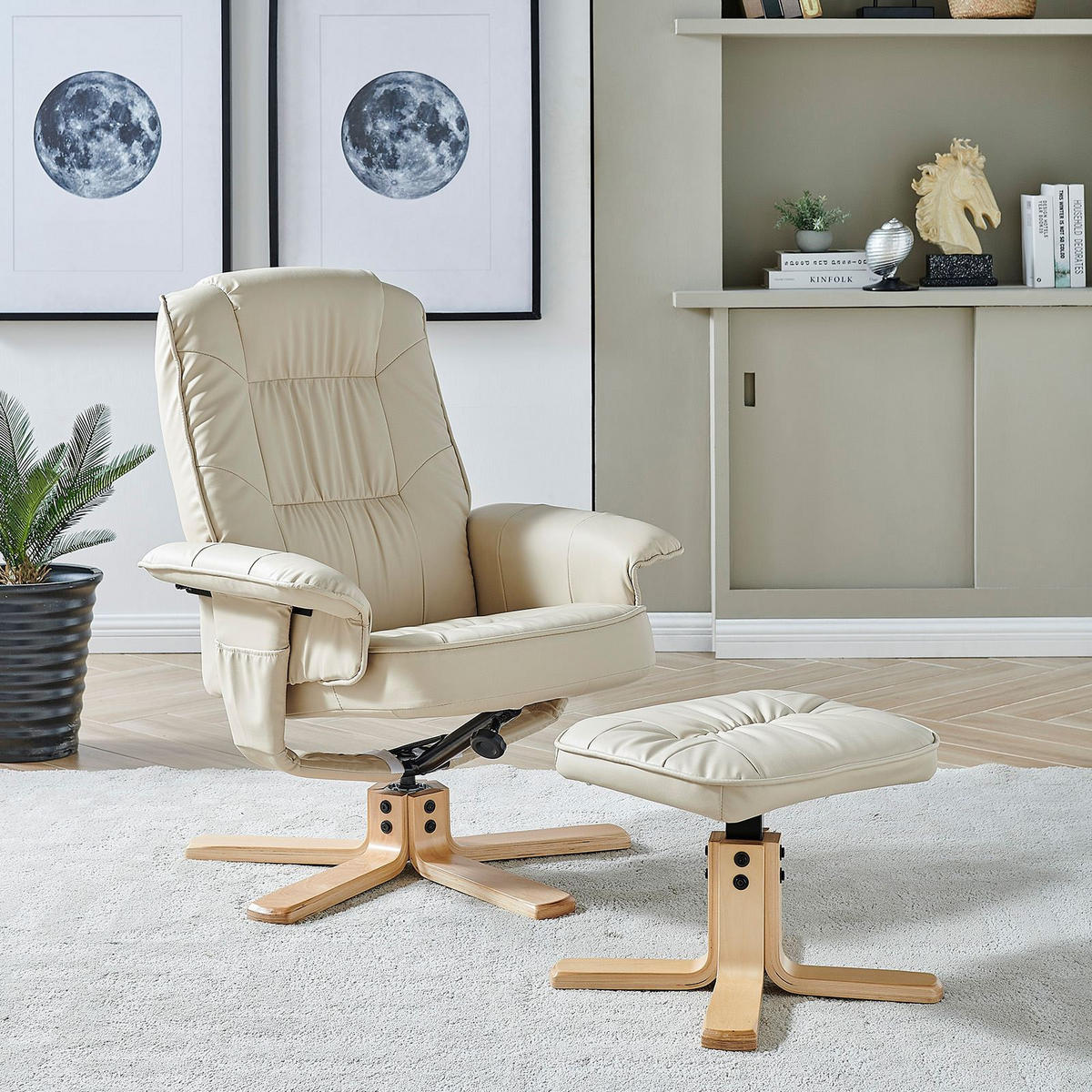 RELAXSESSEL KUNSTLEDER, SET MIT HOCKER CHARLY - Beige, Textil (76/87/61cm) - IDIMEX