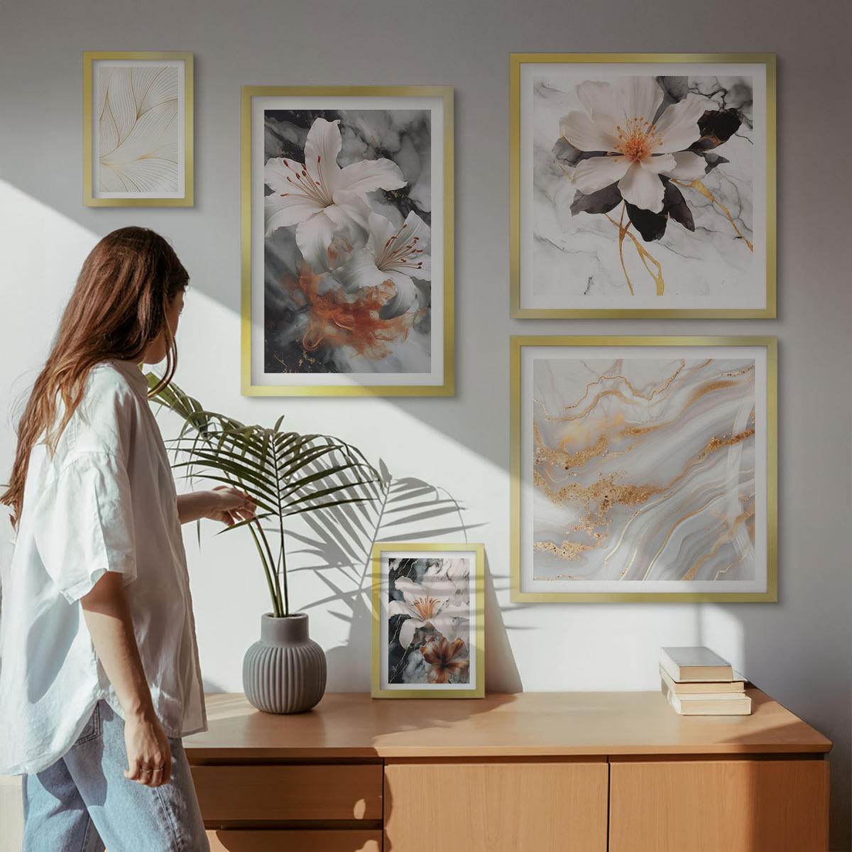 WANDBILDER 5er Set - 50x50 cm & 20x30 cm & 40x60 cm Goldrahmen - Blumen Marmor weiß schwarz - Goldfarben, Kunststoff (40/60cm) - ArtPrintCave
