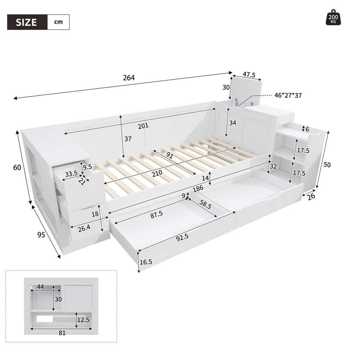 KINDEREINZELBETTEN aus MDF 90x200 cm in Weiß mit Schublade & Nachttisch - Weiß, Holzwerkstoff (90/200cm) - Modfu