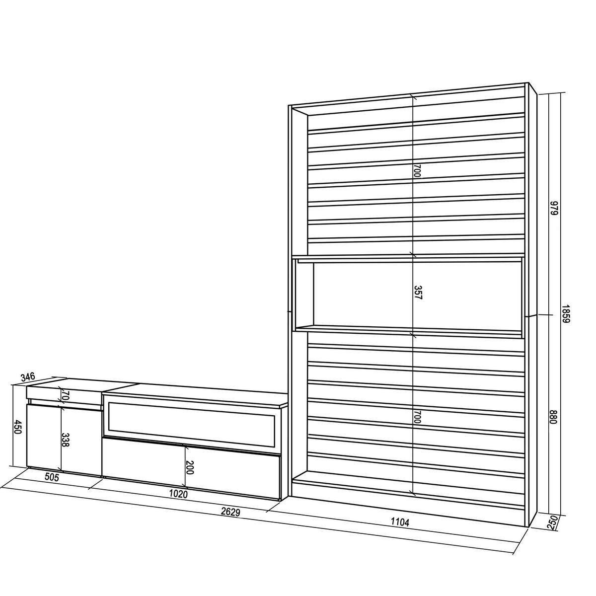 WOHNWAND Elektrokamin, weiß, schwarz, 260/35/186cm - Schwarz/Weiß, Holzwerkstoff (260/186/35cm) - Skraut Home