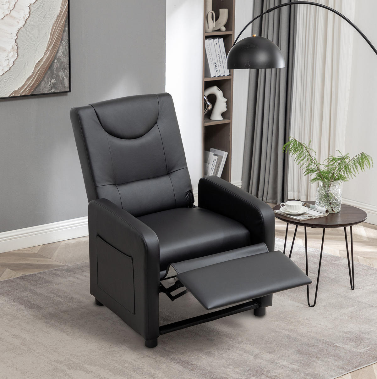 RELAXSESSEL PU mit verstellbarer Rückenlehne, klappbarer Fußstütze 76,5/67,5/95,5 cm Schwarz - Schwarz, Kunststoff (67.5/95.5/76.5cm) - Redom