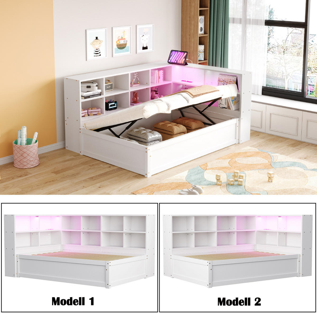 BETT 90/200 cm Weiß aus Holz mit Stauraum und LED-Lichtleiste - Weiß, Holz (90/200cm) - OKMYHOME