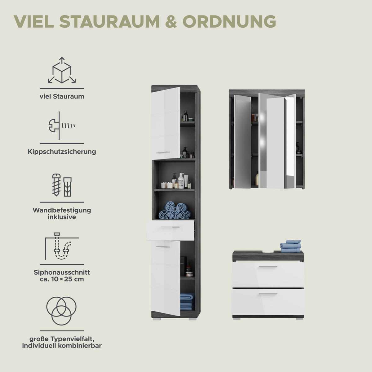 BADKOMBINATION 3tlg. Scout Bad in Rauchsilber Nachbildung und weiß hochglanz B/H/T: 112x191x34 cm - Anthrazit, Holz (112/191/37cm)