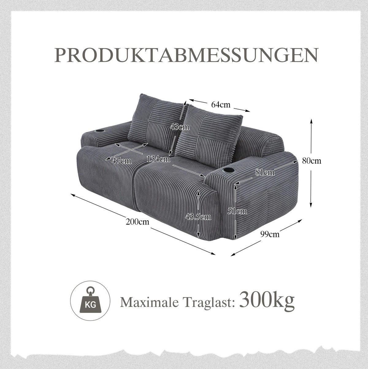 2-SITZER-SOFA aus Cordstoff 200x99x80 cm in Dunkelgrau mit Cupholder - Dunkelgrau, Textil (99/80/200cm) - Modfu