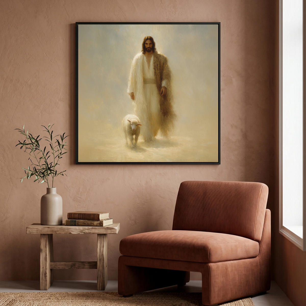 LEINWAND Bilder mit Rahmen - Schaf - Jesus - Pinselstriche - Abstrakt - 90x90 - Beige, Textil (90/90cm) - MuchoWow